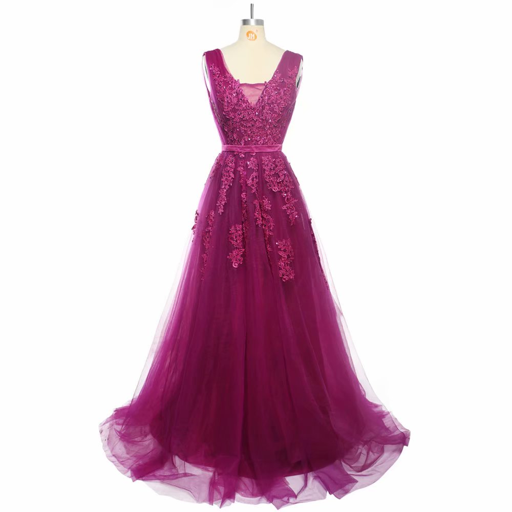 Lace Prom Dresses 2019 V Neck Fuschia Tulle Sweep Train Sleeveless Evening Gown A-line Backless Vestido De