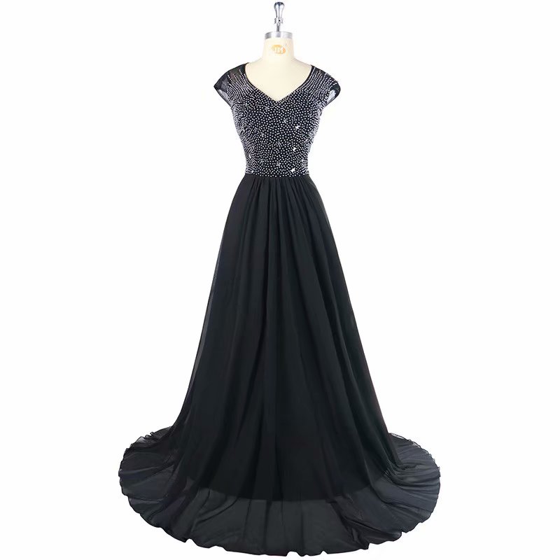 Beading Prom Dresses 2019 V Neck Black Chiffon Sweep Train Sleeveless Evening Gown A-line Zipper Wedding Party Dress