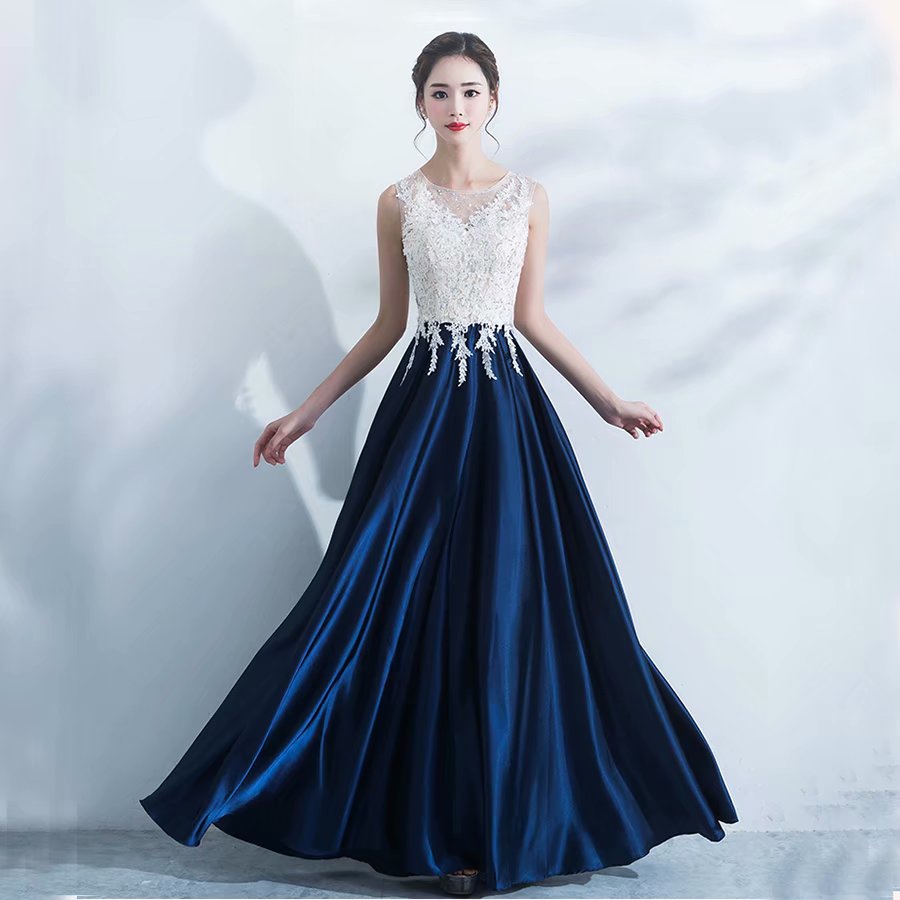 2019 Long Prom Dresses Luxury Lace Applique Blue Formal Evening Dress Party Gown Robe De Soiree