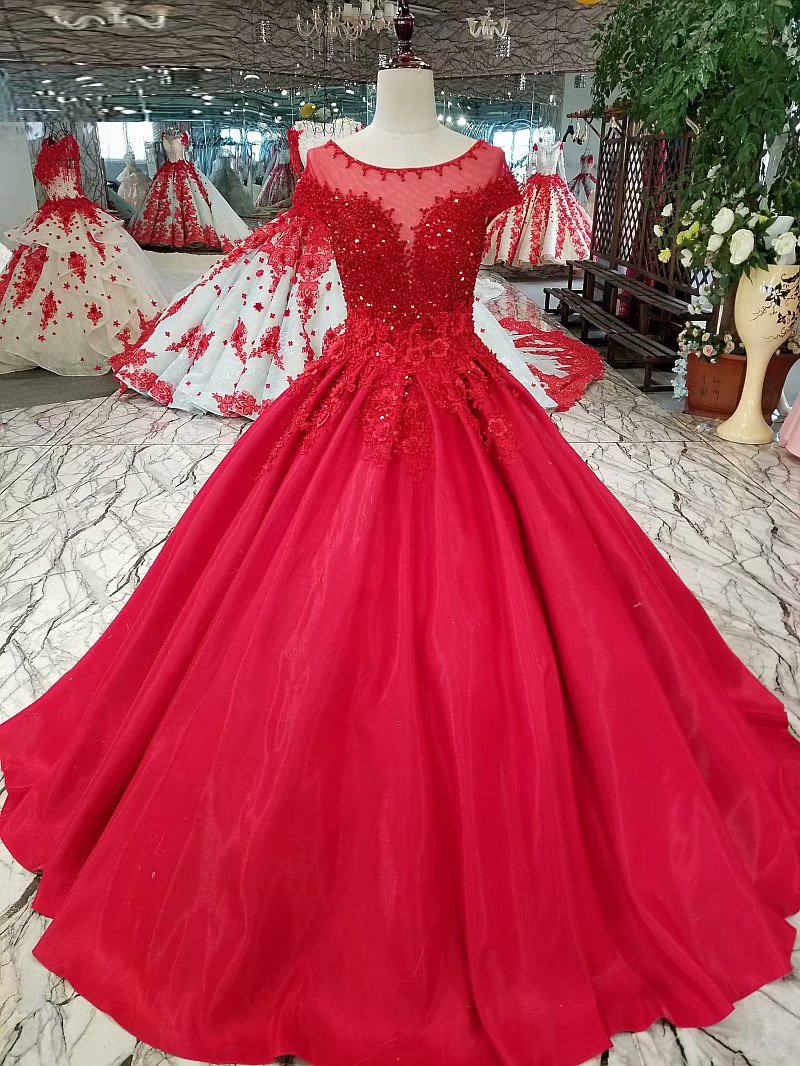 Evening Dresses Sequined Scoop Neck Lace-up Back Ball Gown Party Gowns Red Floor-length Formal Prom Dresses