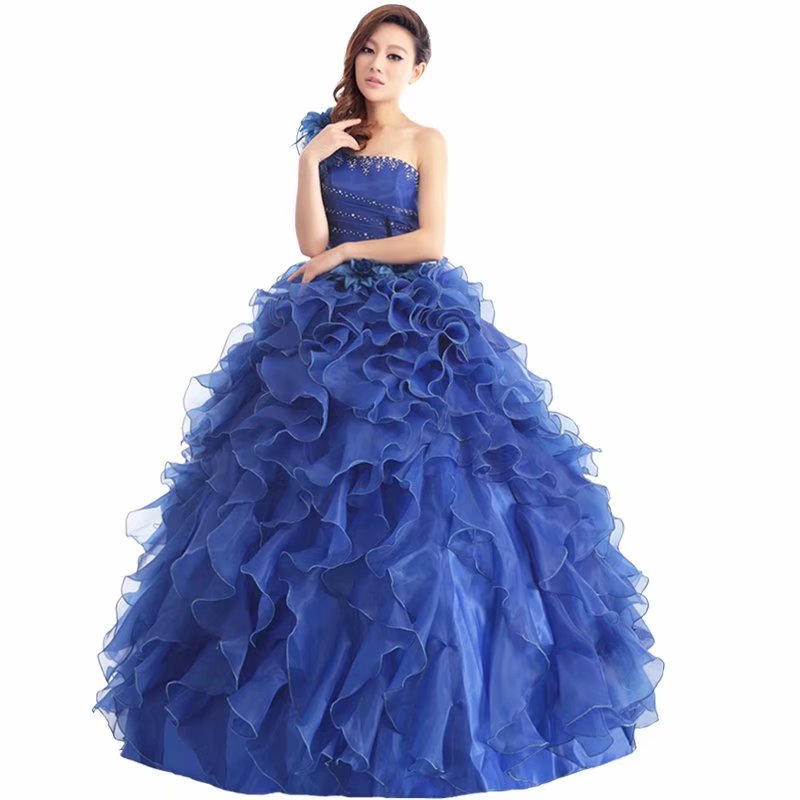 Elegant Prom Dresses Long 2019 Women's Sexy A-line One Shoulder Royal Blue Organza Evening Party Gowns