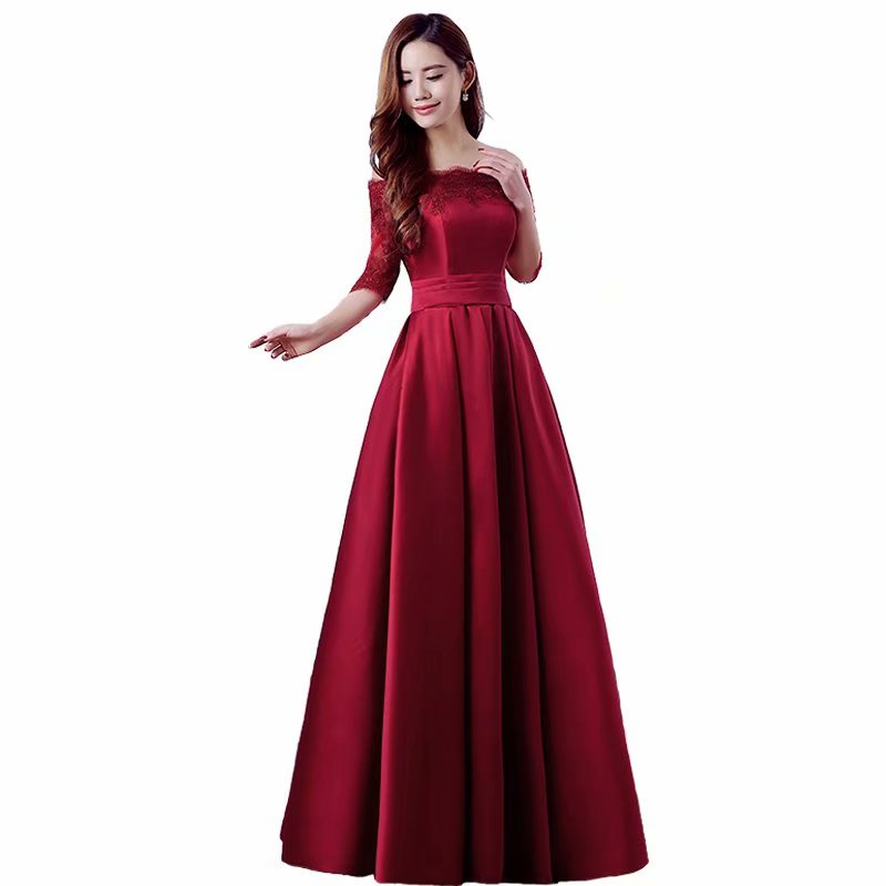 Elegant Wine Red Prom Dresses Long 2019 Women's Sexy A-line Half Sleeve Lace Evening Party Gowns