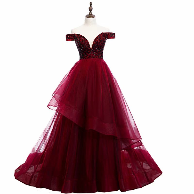 Charming Burgundy Prom Dresses Long 2019 Women's Sexy A-line Tulle Lace Applique Floor Length Evening Party Gowns