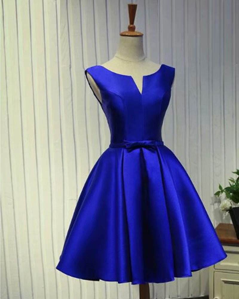 Real Photos Royal Blue Satin Prom Dresses 2019 V Neck Lace-up Knee-length Prom Dress Short Evening Party Gowns
