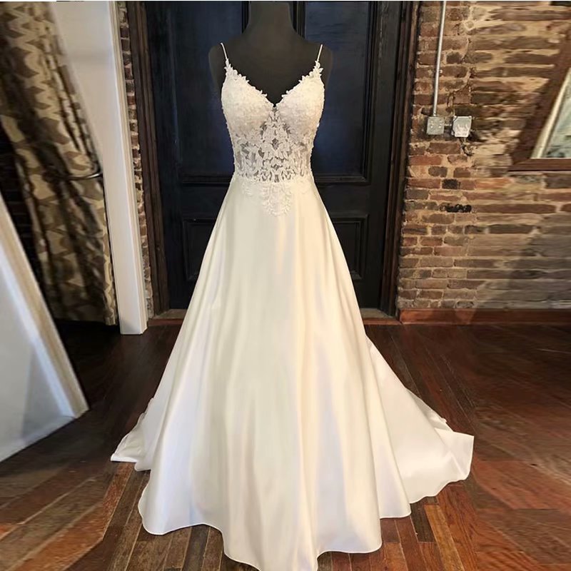 spaghetti strap satin wedding dress