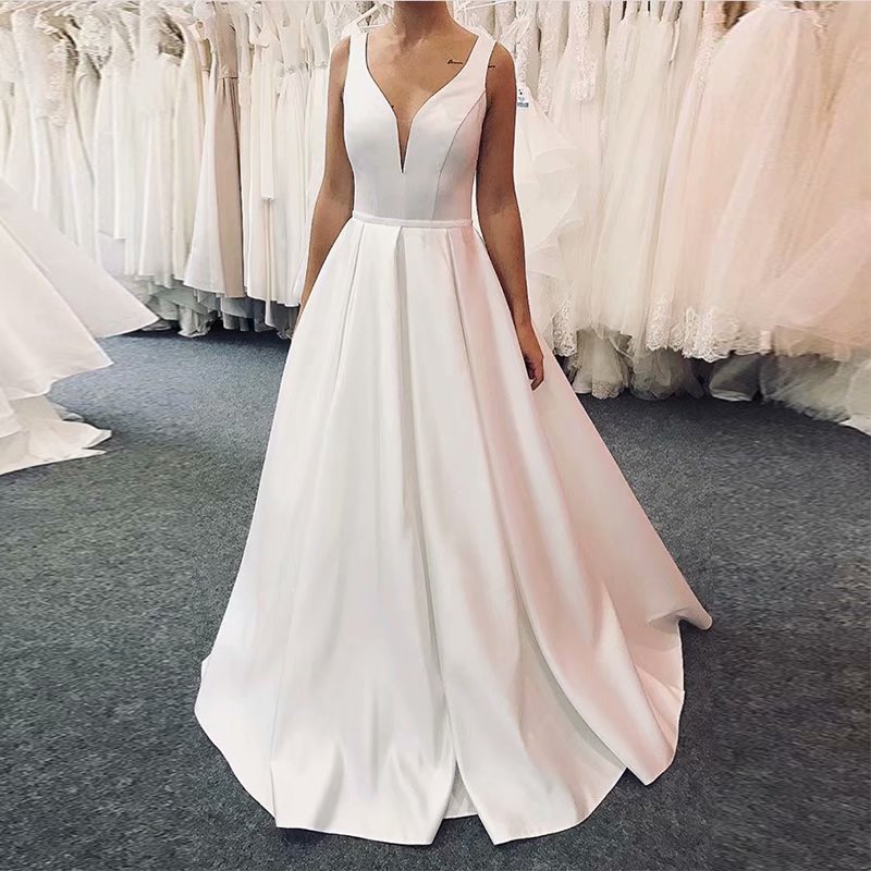 satin deep v neck wedding dress