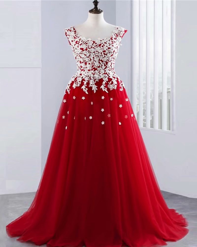 Red Evening Dresses 2019 Scoop Neck Sleeveless Lace Up Sweep Train With Lace Top Custom Made Prom Dresses