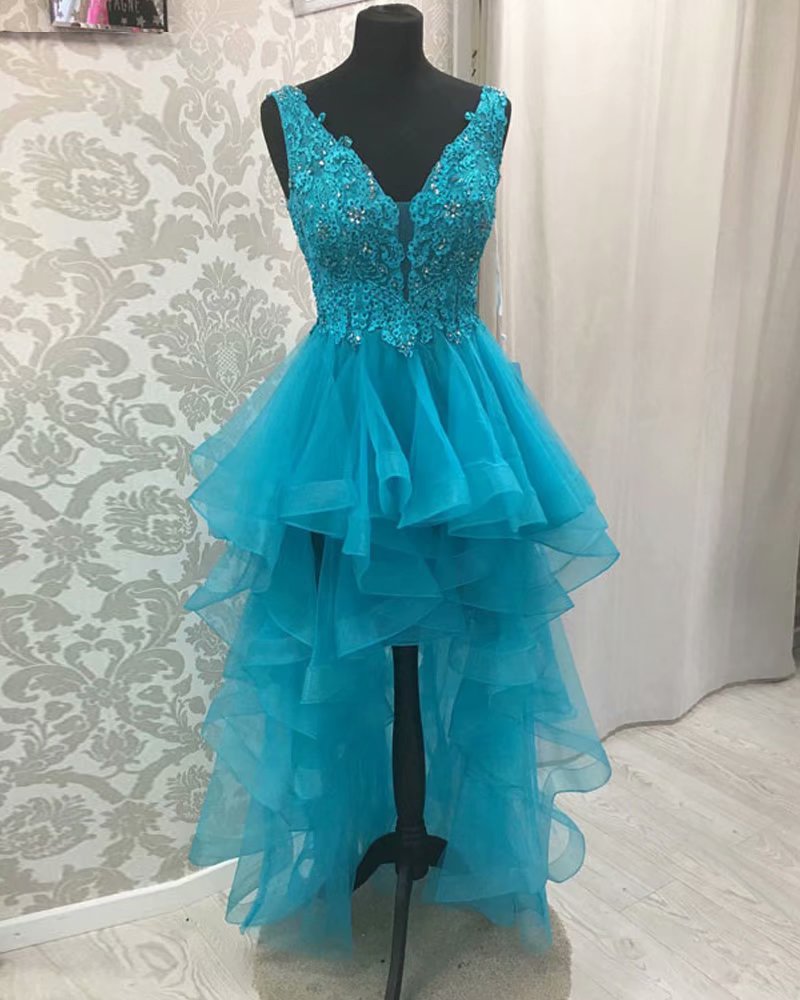 High Low Blue Evening Dresses 2019 V-neck Sleeveless Backless Sweep Train With Lace Applique Custom Made Beading Prom Dresses