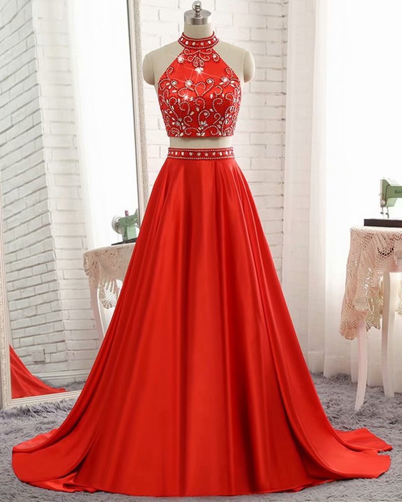 2 Piece Evening Dresses 2019 Halter Neckline Sweep Train With Beading Crystal Custom Made Long Elegant Prom Dresses