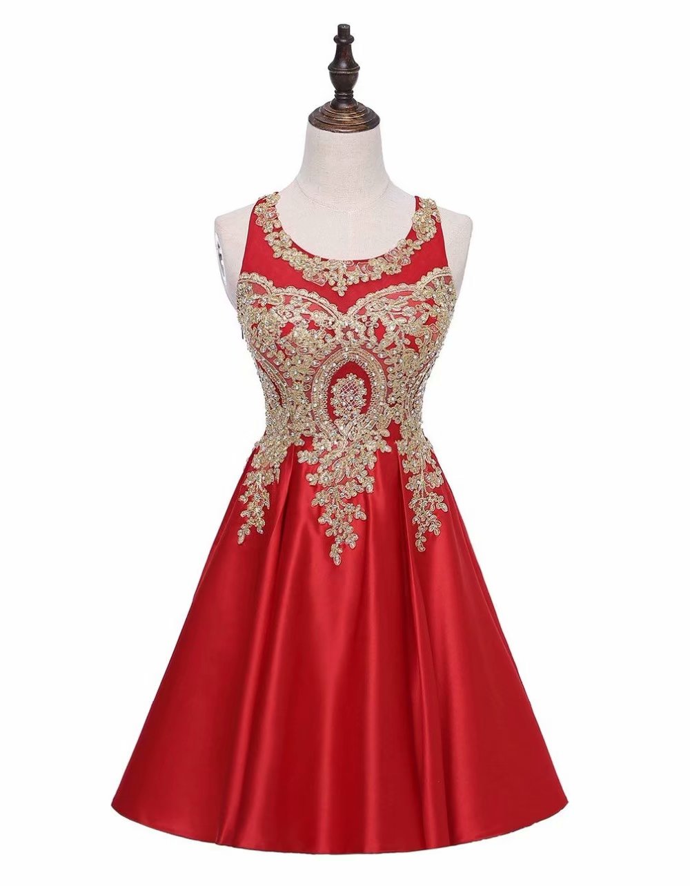 Red A-line Scoop Short Satin Lace Bodice Bridesmaid Dress
