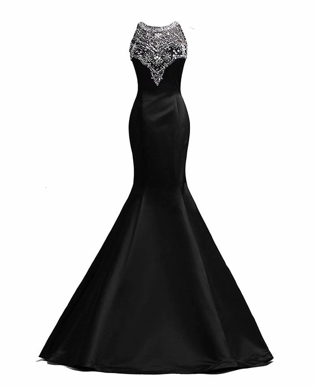 Fashion Black Mermaid Floor-length Satin Beaded Sequin Bridesmaid Dresses