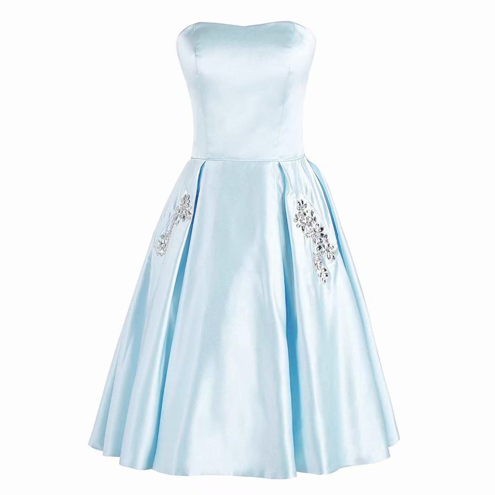 A-Line Strapless Light Blue Short Empire Satin Bridesmaid Dresses With Beaded Pocket