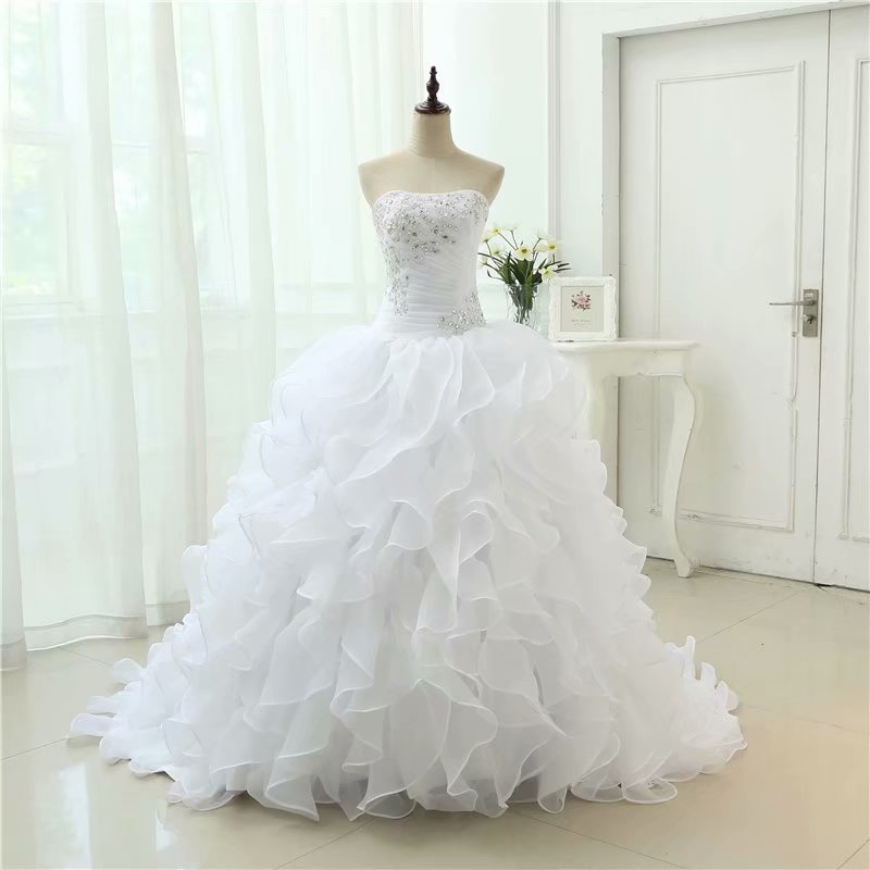 Long Wedding Dress, Ball Gown Wedding Dress, Organza Wedding Dress, Strapless Ruffles Bridal Dress