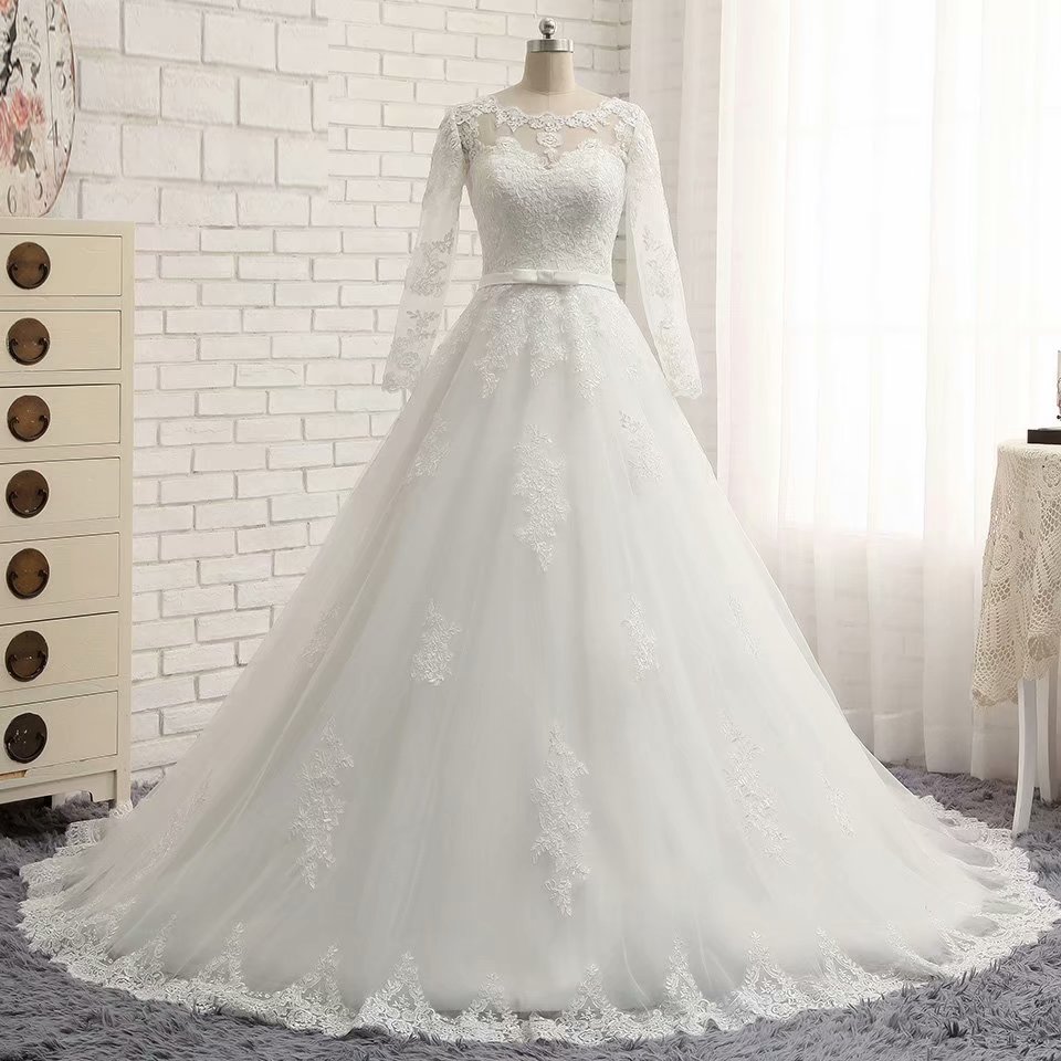 Tulle A-line Wedding Dresses With Long Sleeves Sheer Neckline Country Bridal Dress Wedding Gowns Custom Made