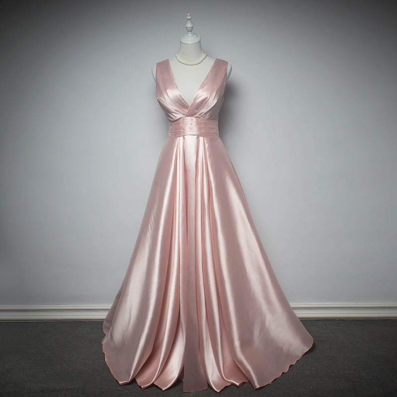 A Line V Neck Pink Flower Printed Long Bridesmaid Dress with Ruffles