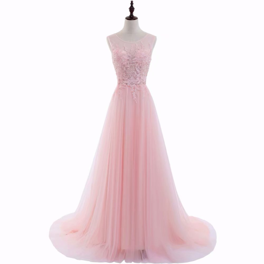 A Line Prom Dresses Scoop Neck Sleeveless Sheer Back Sweep Train Tulle and Lace Applique Party Dress Formal Gown