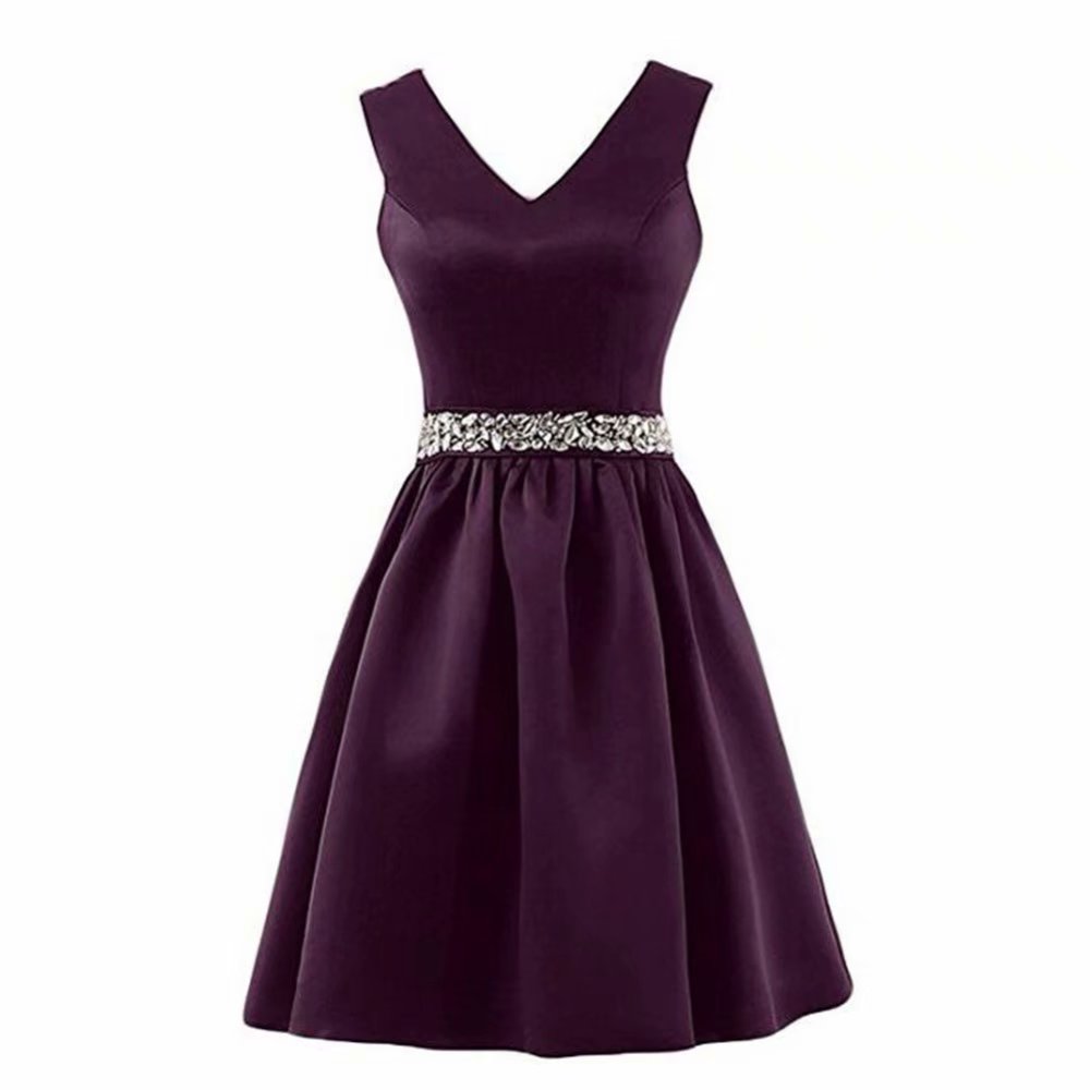 A Line Homecoming Dress Purple Prom Dresses V Neck Sleeveless Zipper Back Satin Beading Crystal Party Dress Formal Gown