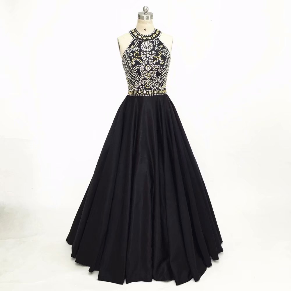 A Line Prom Dresses High Neck Ball Gown Sleeveless Open Back Satin Crystal Party Dress Formal Gowns