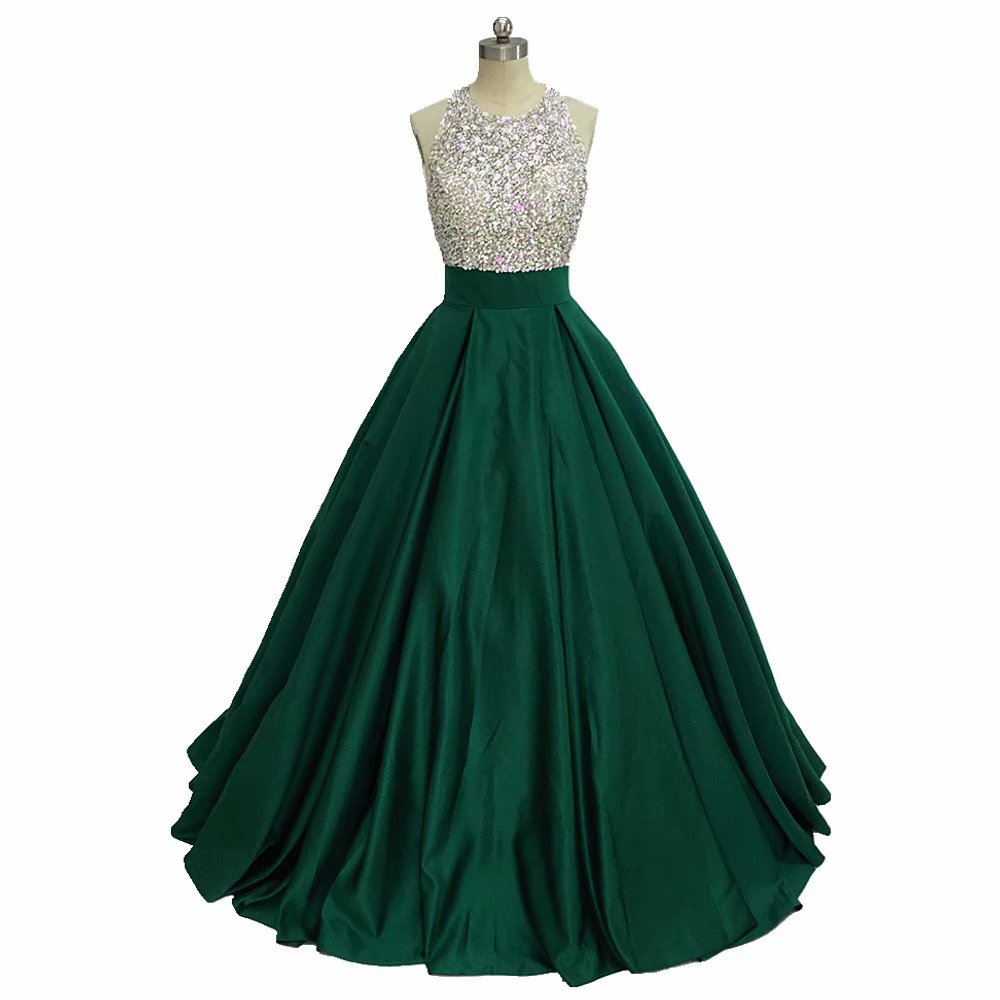 Hunter Green Crystal Beaded Prom Dresses with Halter Neckline A-Line Satin Evening Gowns Formal Imported Chinese Party Dress