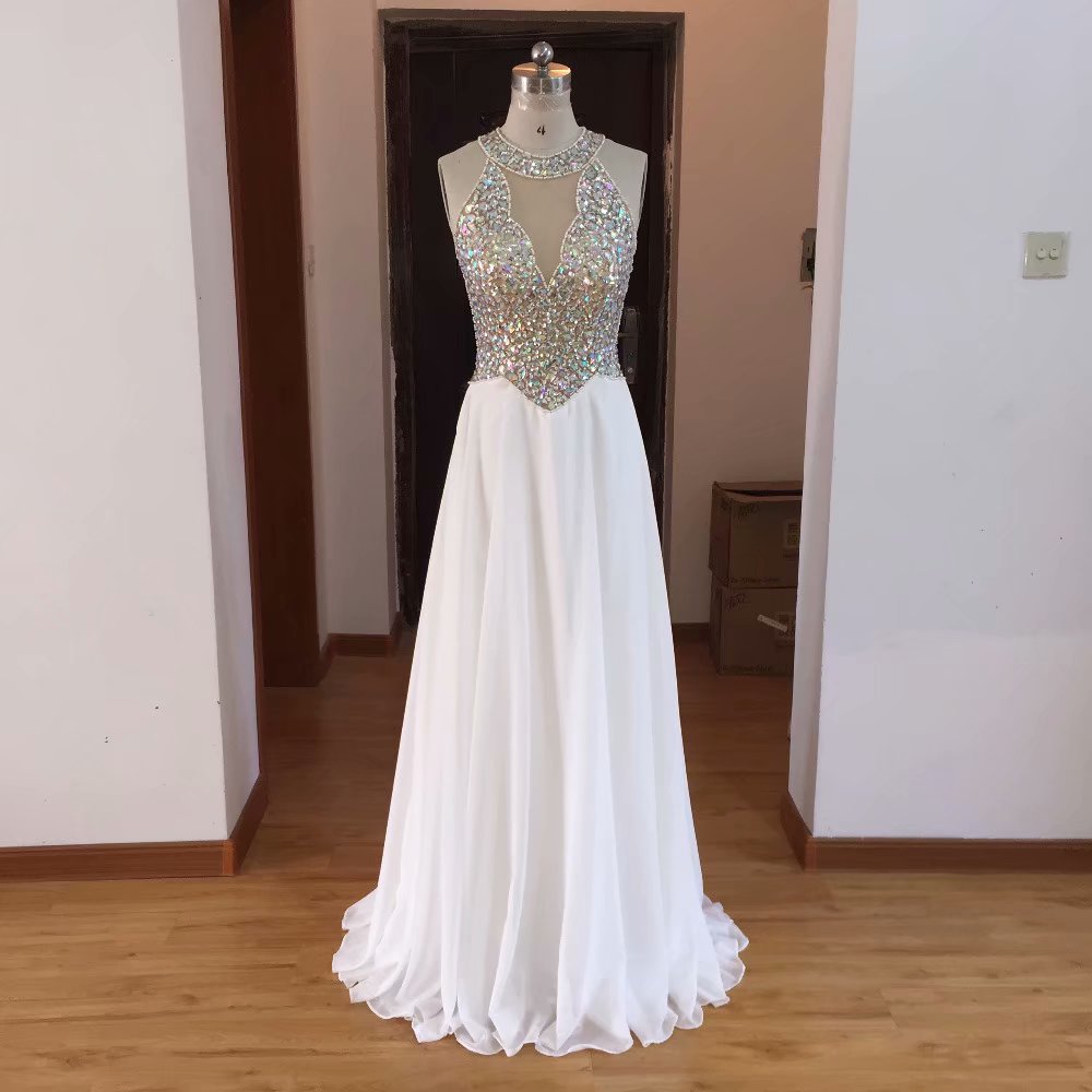 White Crystal Beaded Prom Dresses 2019 Fashion A-line Chiffon Beaded Sheer Neck Evening Gowns Formal Imported Party Dress