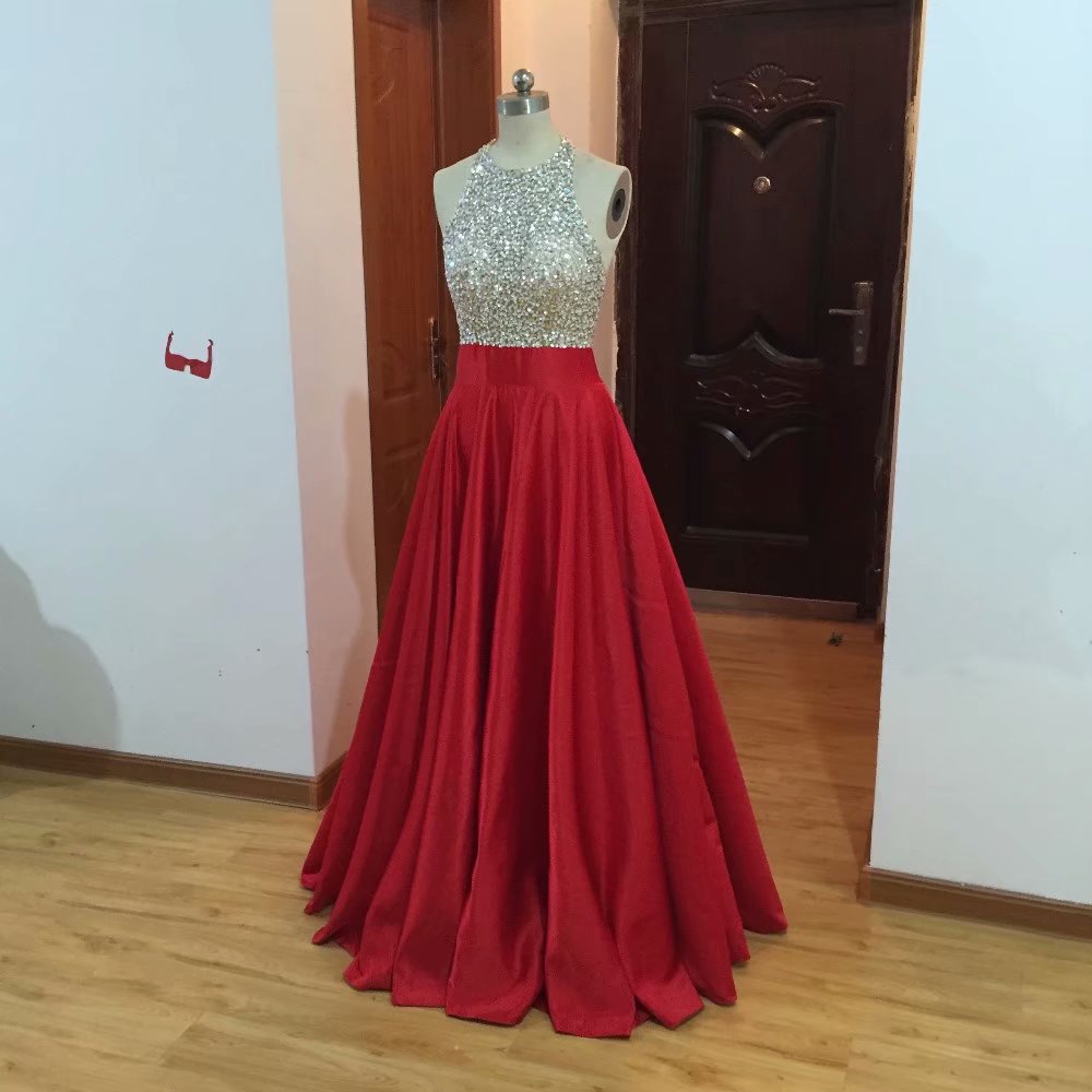 O Neck Crystal Ball Gowns Beaded Prom Dresses 2019 Fashion A-line Red Evening Gowns Formal Wedding Party Dress