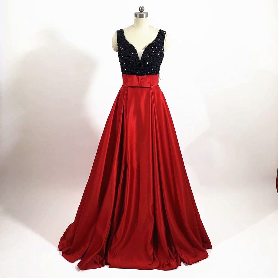 V Neck Crystal Beaded Prom Dresses 2019 Fashion A-line Red Evening Gowns Formal Wedding Party Dress