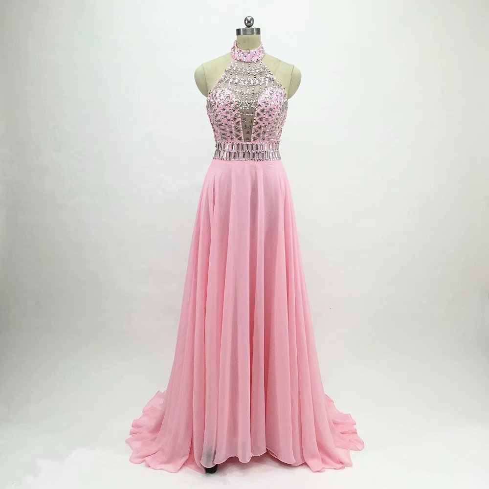 Pink Crystal Beaded Prom Dresses 2019 Fashion A-line Chiffon Evening Gowns Formal Wedding Party Dress