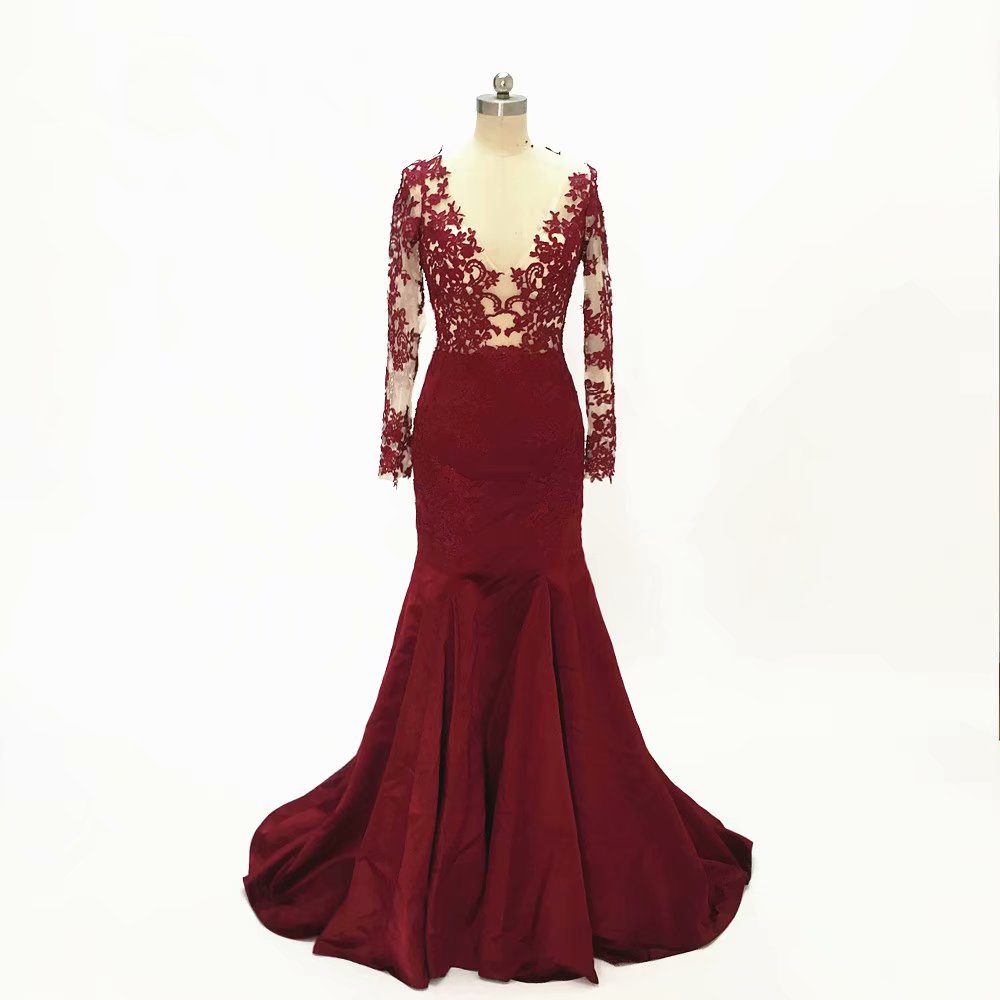 Sexy Long Sleeve Deep V Neck Prom Dresses 2019 Fashion Mermaid Satin Lace Applique Evening Gowns Formal Wedding Party Dress
