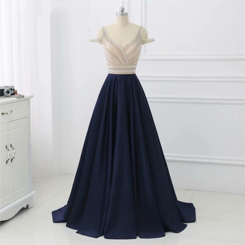 Charming Prom Dress,sleeveless Satin Prom Dress,sexy Navy Blue Evening Dress,long Party Prom Dresses