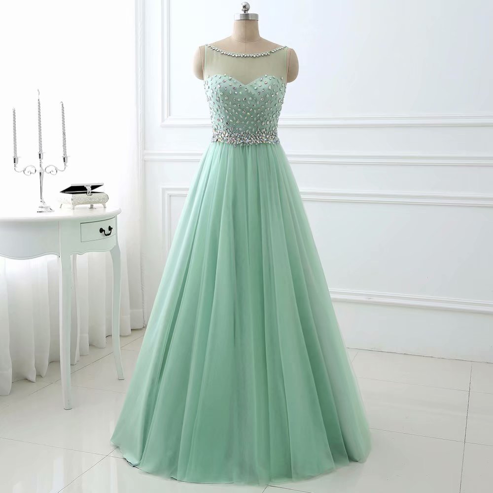 Sage Green Prom Dress Long Prom Dresses A Line Tulle Crystal Tulle Formal Evening Dress On Luulla