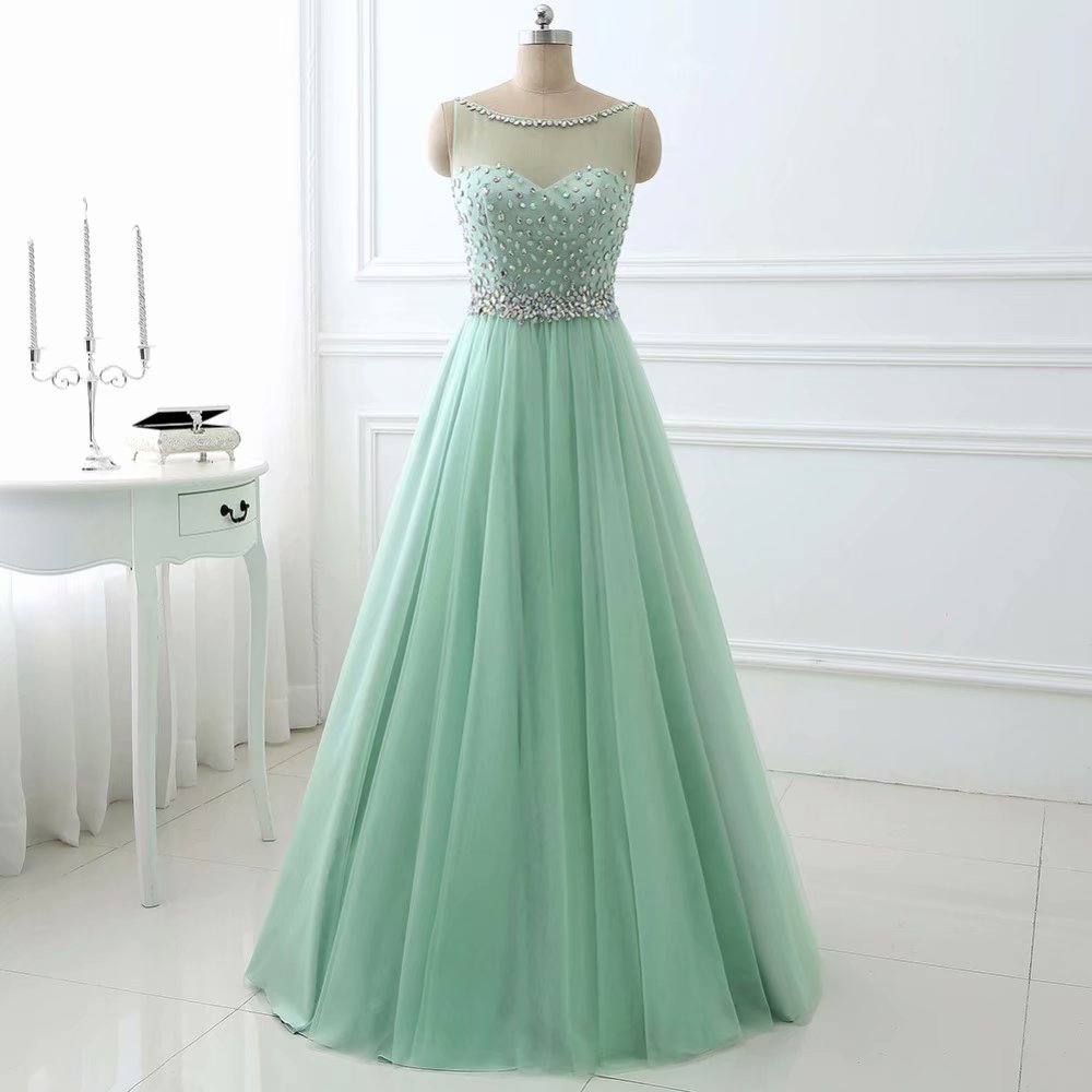 Sage Green Prom Dress ,long Prom Dresses, A Line Tulle Crystal Tulle Formal Evening Dress