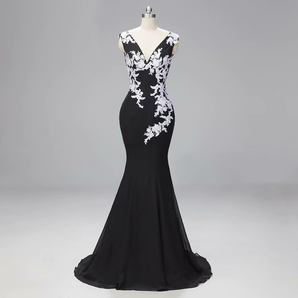Black Mermaid Evening Dresses 2019 V Neck Wedding Party Gowns Long Formal Evening Dress