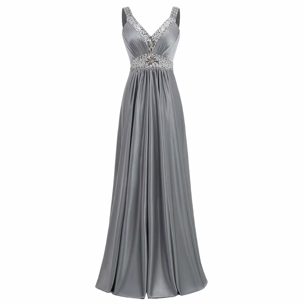 Grey Evening Dresses 2019 Satin Wedding Party Gowns Long Beading V neck Formal Evening Dress