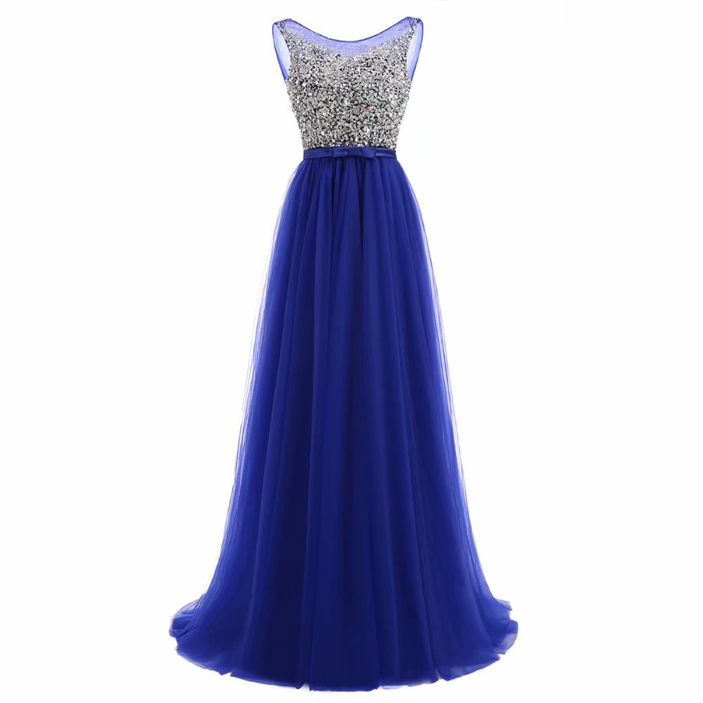 Royal Blue Prom Dresses 2019 Tulle Wedding Party Gowns With Sheer Neck Long A Line Formal Evening Dress