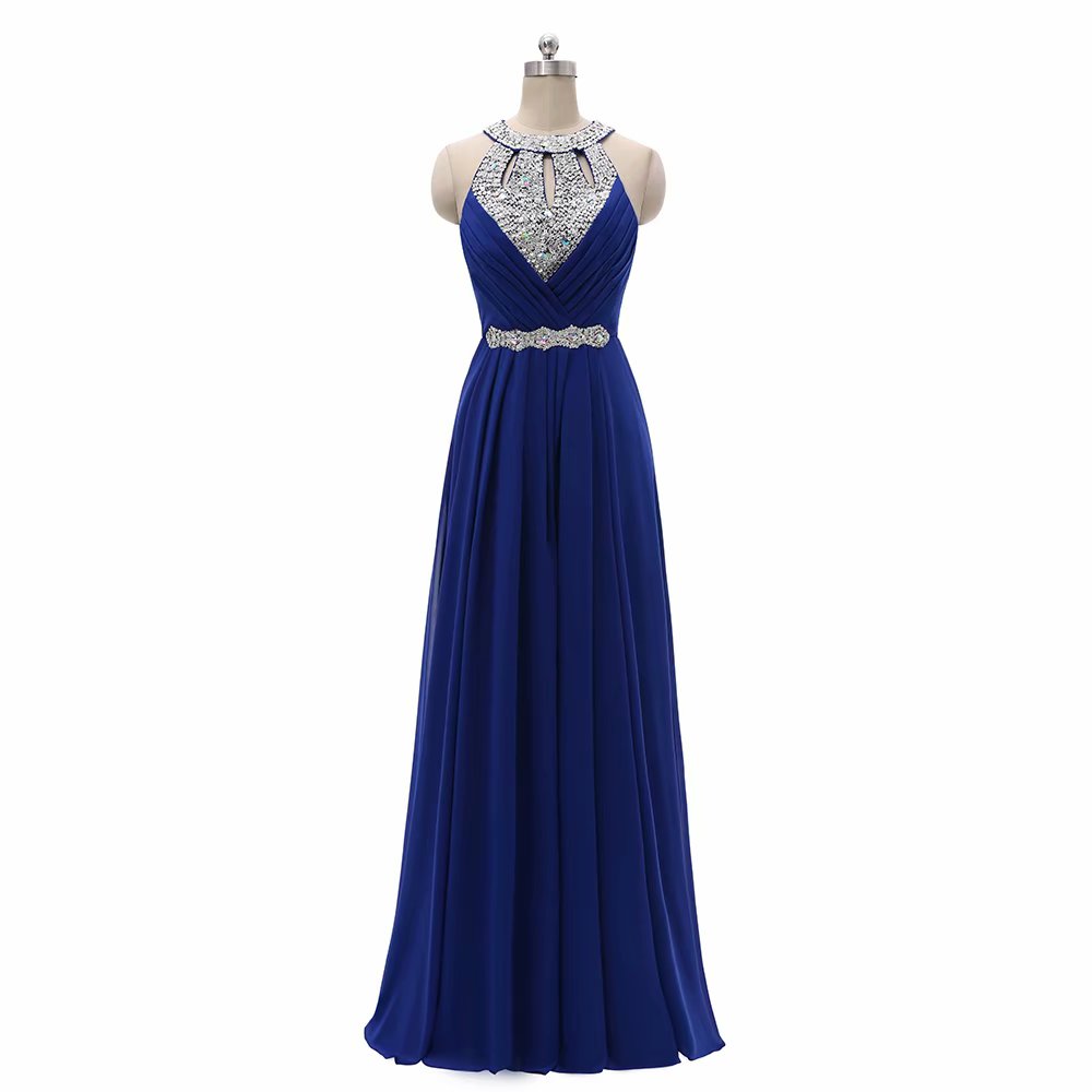 A Line Evening Dresses 2019 Chiffon Wedding Party Gowns Halter Neck Keyhole Long Formal Dress on Luulla