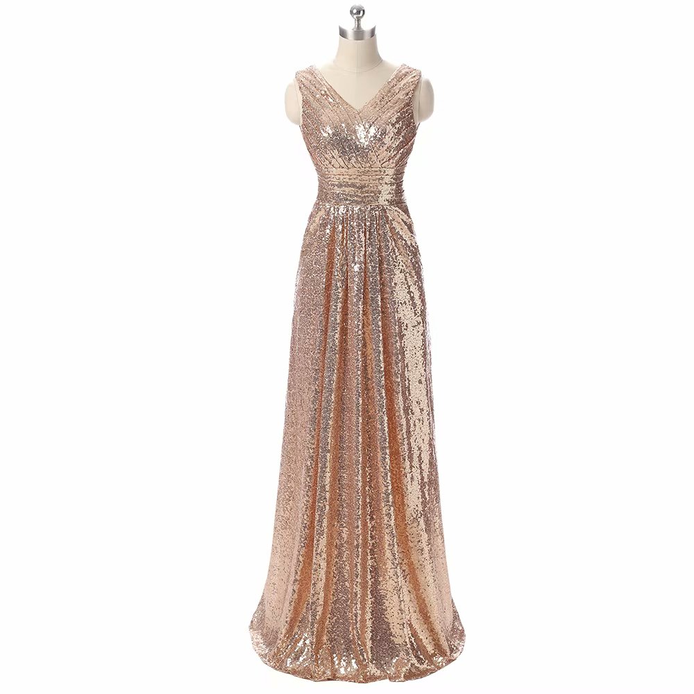 Gold Evening Dresses 2019 Sequined V Neck Wedding Party Gowns Long Formal Dresses