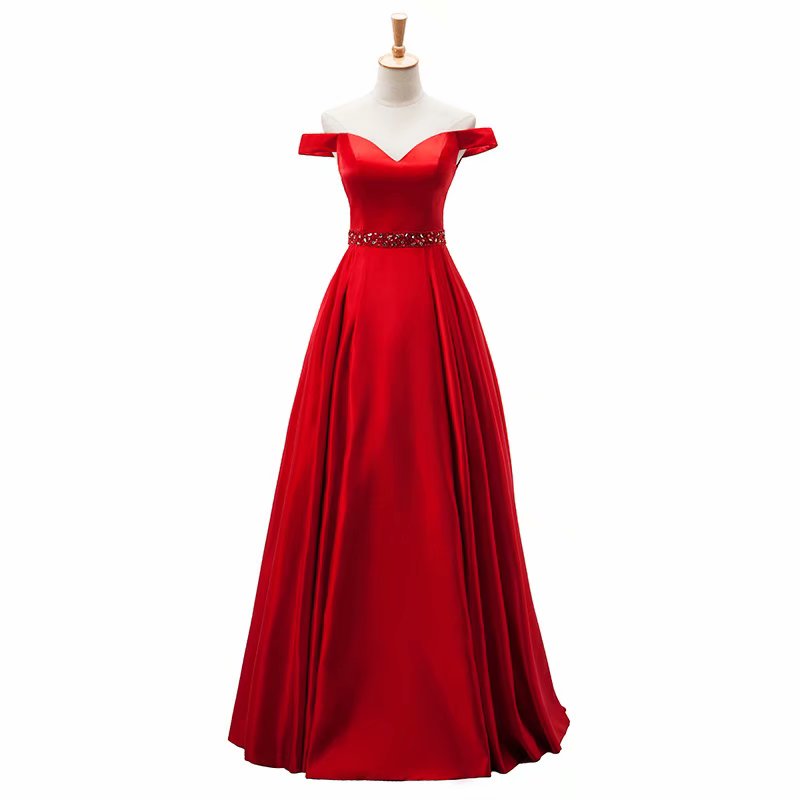2019 Red Evening Dress Pageant Dresses Off Shoulder Beading Fashion Satin Evening Gown Competition Gown