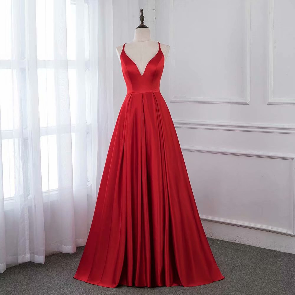 2019 Red Evening Dress V Neck Pageant Dresses Sexy Cross Back Prom Gown Formal Gown