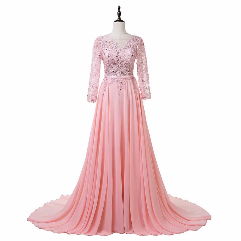 2019 Long Sleeve Pink Evening Dress Pageant Dresses Sheer Neck Chiffon Fashion Evening Gown Formal Prom Dresses