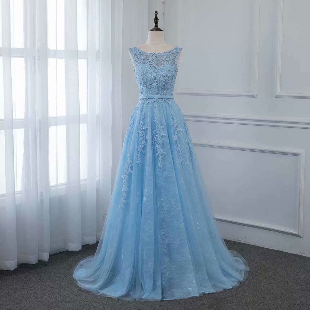 Sexy Blue Backless Evening Dress Pageant Dresses Sheer Neck Fashion Lace Applique Evening Gowns Prom Gowns