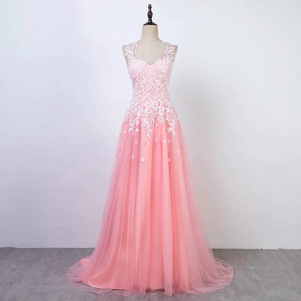 Pink Long Prom Dresses Lace Applique Sleeveless Formal Gown A Line 2019