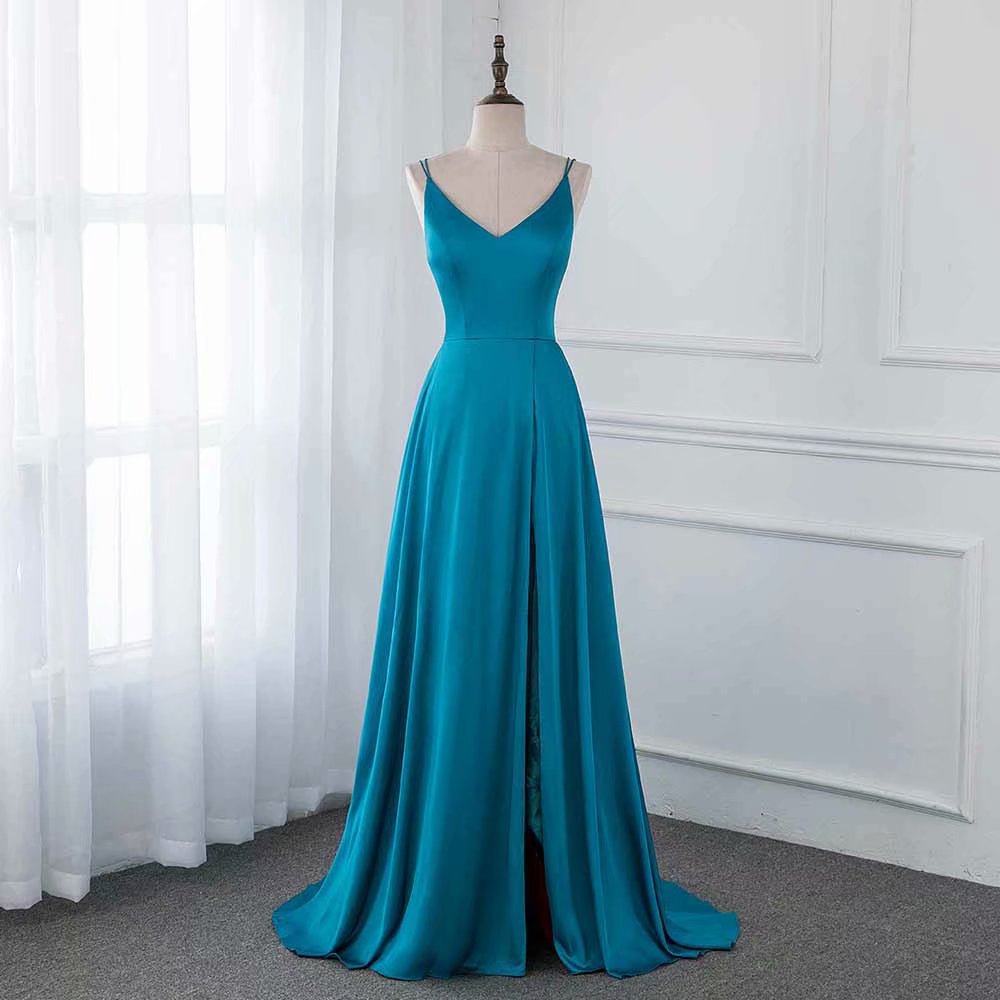 Blue Long Evening Dress 2019 V Neck Satin Sleeveless Side Split Evening Gown Dresses A line
