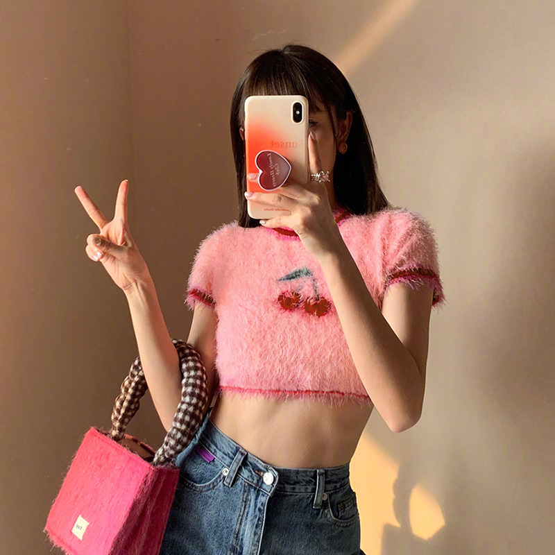 Fashionable Summer Round Neck Knitted Crop Top Cherry Sweater Girl T-shirt