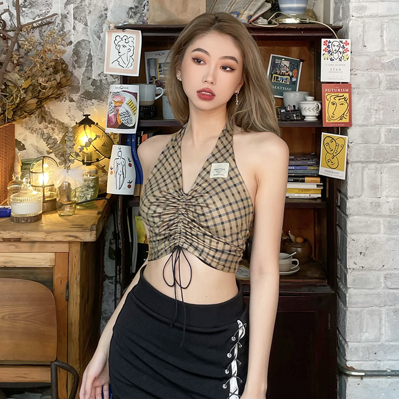 American-style simple sweet and cool hot girl style suspenders hanging neck type front and back two wear short open back top summer