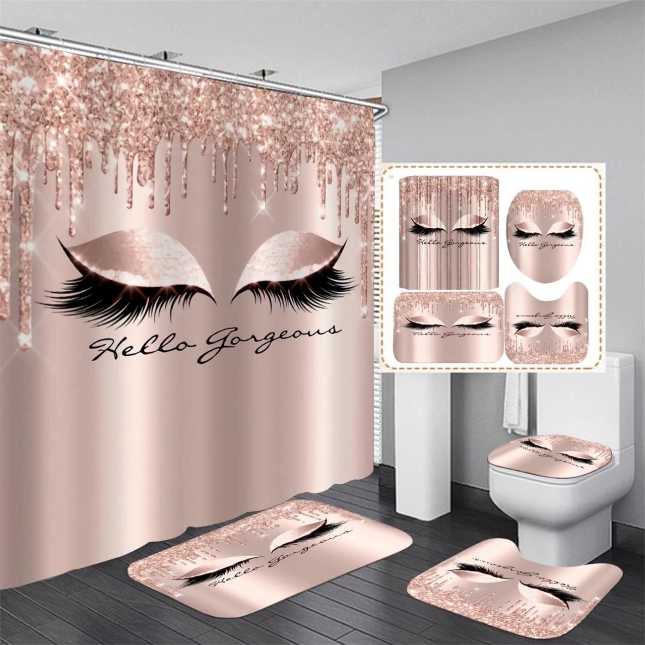4pcs/set Pretty Eyelash Shower Curtain Spark Rose Gold Drips Hello Gorgeous Bathroom Decor Waterproof Cloth Polyester Bath Curtain Bathtub