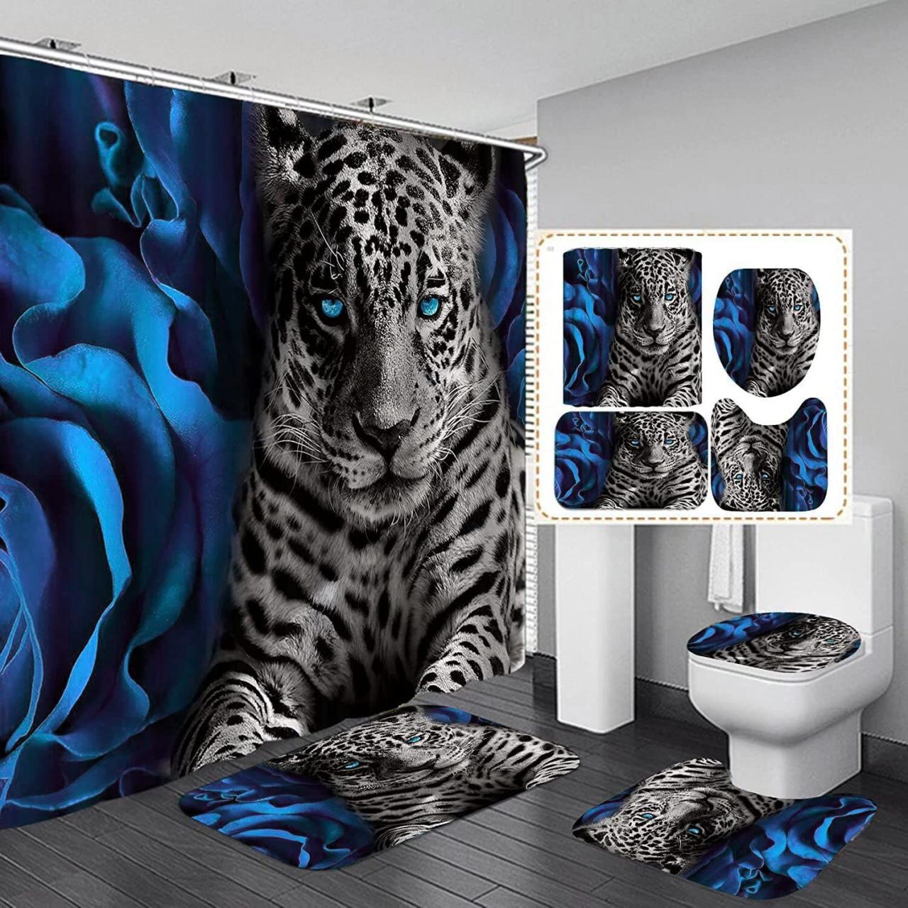 4pcs Blue Rose And Leopard Shower Curtain Set With Non-slip Rugs, Toilet Lid Cover And Bath Mat, Animal Shower Curtain With 12 Hooks, Durable