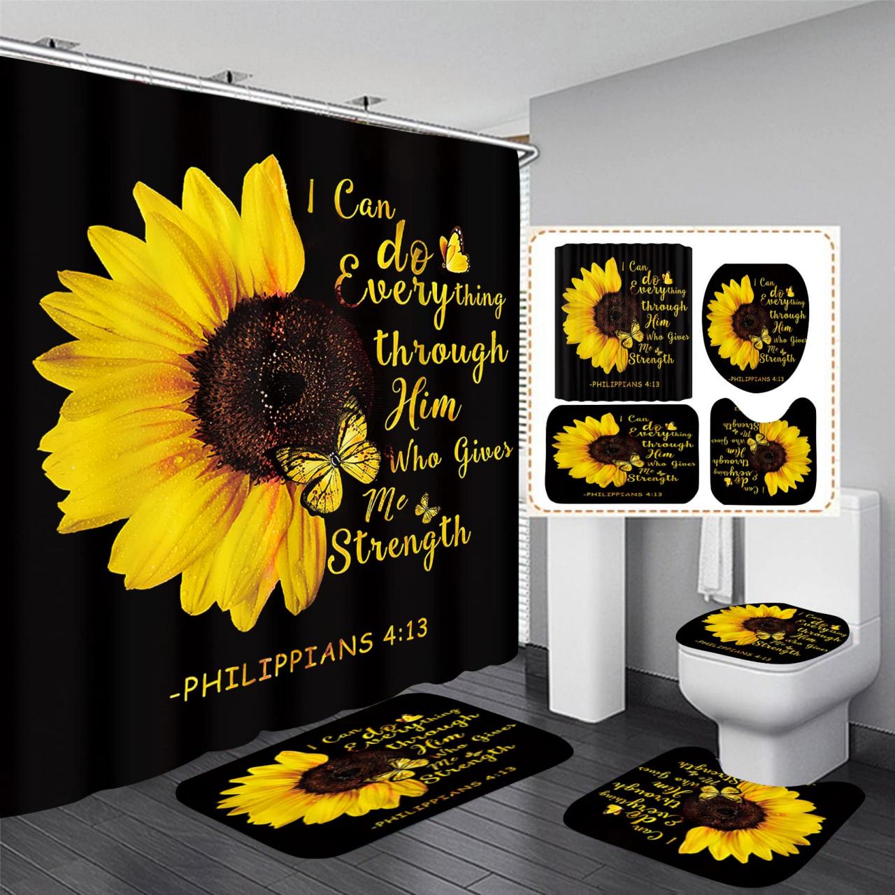 Sunflower Shower Curtain Sets 4 Piece Quotes Butterfly Bathroom Decor Sets With Rugs Include Waterproof Shower Curtain Non-slip Rug Toilet Lid
