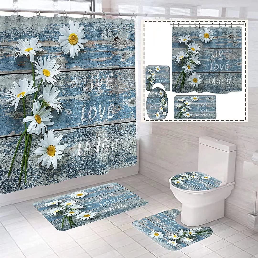White Flower Daisy Valentine’s Day Shower Curtain Set Bathroom Sets With Rugs And Accessories Non-slip Rugs,toilet Lid Cover And Bath Mat