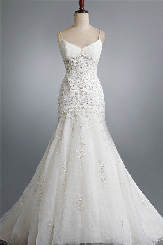 Spaghetti Strap V-neck Organza Mermaid Wedding Dress With Beads And Lace Embellishment