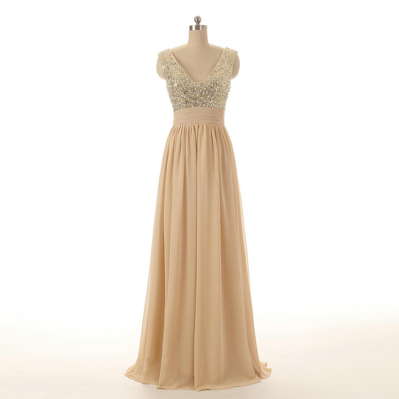 Gold Sequin V Neckline Chiffon Floor Length Bridesmaid Dress